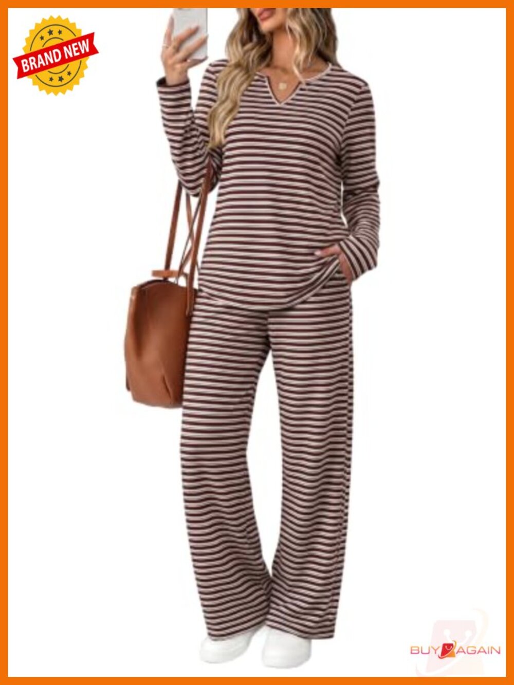 2 Piece Lounge Set Long Sleeve V-Neck Top Wide Leg Pants Polyester Spandex